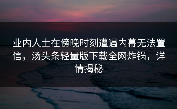 业内人士在傍晚时刻遭遇内幕无法置信，汤头条轻量版下载全网炸锅，详情揭秘